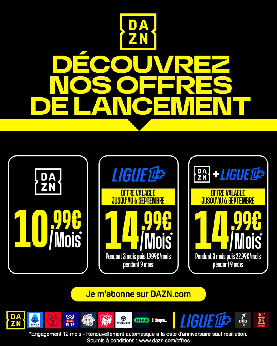 ActuFoot_'s tweet photo. 🚨 OFFICIEL ! DAZN ANNONCE LA SORTIE DE SON PACK SPORT 2026/27 À 𝟭𝟰,𝟵𝟵€ 𝗣𝗔𝗥 𝗠𝗢𝗜𝗦 𝗟𝗘𝗦 𝟯 𝗣𝗥𝗘𝗠𝗜𝗘𝗥𝗦 𝗠𝗢𝗜𝗦, PUIS 22,99€ PENDANT 9 MOIS. 

L'ACCÈS À LIGUE 1+ SERA COMPRIS DANS CE PACK. 🇫🇷
👉 100% des matches de Ligue 1 McDonald's
👉 La Ligue 3 Betclic

Il comprendra aussi :
🇮🇹 100% du foot italien (Serie A, Coppa Italia, Supercoupe d'Italie)
🇪🇸 Copa del Rey
🇸🇦 la Saudi Pro League
🇳🇱 l’Eredivisie
🇧🇪 La Jupiler Pro League

📺+📺 𝗘𝗧 𝗗𝗘𝗨𝗫 𝗘́𝗖𝗥𝗔𝗡𝗦 𝗘𝗡 𝗦𝗜𝗠𝗨𝗟𝗧𝗔𝗡𝗘́. 

… Mais pas que du football sur DAZN :
🏀 La Betclic Élite 🏀
🏈 Le NFL Game Pass 
🏒 NHL TV
⛳️ Golf+
🥊 Plus de 185 soirées de boxe par an
etc…

🤝 𝘦𝘯 𝘤𝘰𝘭𝘭𝘢𝘣𝘰𝘳𝘢𝘵𝘪𝘰𝘯 𝘢𝘷𝘦𝘤 𝘋𝘈𝘡𝘕
