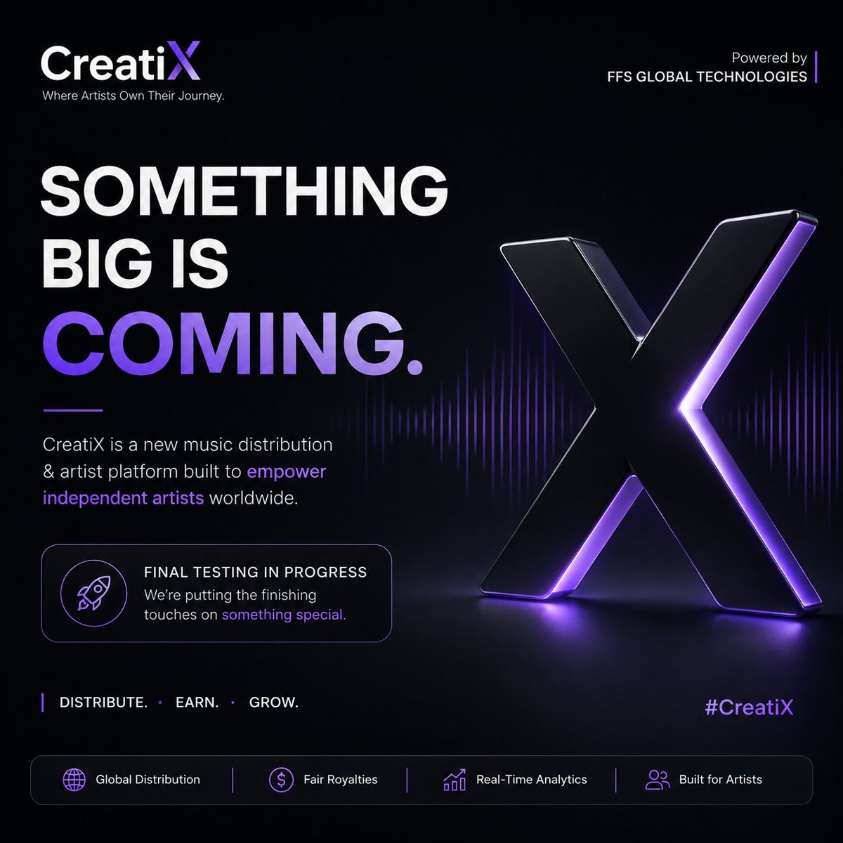 Creatix_ffs7's tweet photo. We're almost there.
CreatiX is in its final testing phase.
Something built for independent artists is coming soon. 🎵
#CreatiX #ComingSoon #Music #OutNow #MusicDistribution https://t.co/r4xrTWYLp8