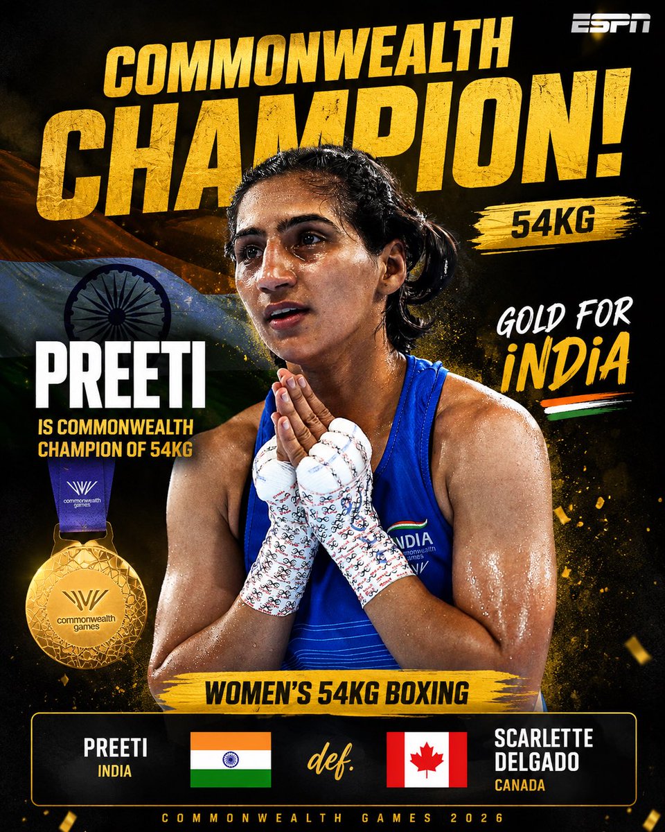 SportsIndia3's tweet photo. 🥇PREETI IS THE COMMONWEALTH GAMES 2026 CHAMPION!🥊🔥

Preeti Pawar defeated Scarlette Delgado 🇨🇦 by a dominant 5-0 unanimous decision in the Women’s 54kg Final to clinch 1st Gold Medal for India🥇

Sensational performance by Preeti https://t.co/ZEcunhiEOr