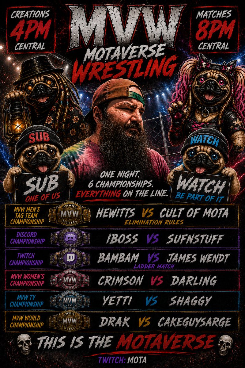 TTVMOTA's tweet photo. π₯ MVW IS LIVE TODAY! π₯
π οΈ Creations: 4PM CT
π Championships: 8PM CT
Six championships. One night. The Bray & Alexa Pugs are watchingβ¦ ππΎ
π Sub or Watch to unlock the exclusive pug rewards!
See you tonight in the MOTAverse! π₯ #MVW #WWE2K26 #MOTAverse https://t.co/mYI4O1LKiQ