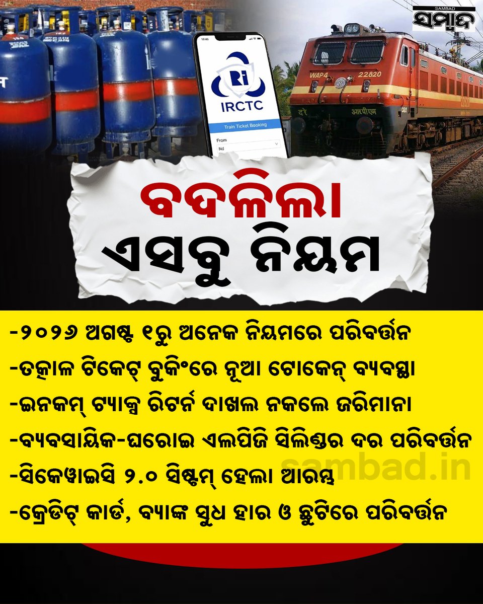 sambad_odisha's tweet photo. #ବଦଳିଲା_ଏସବୁ_ନିୟମ
୨୦୨୬ ଅଗଷ୍ଟ ୧ରୁ ଅନେକ ନିୟମରେ ପରିବର୍ତ୍ତନ...
#Sambad #NewRules #RulesChange #RulesAndRegulations #IRCTC #Railway #IncomeTax #LPGGasCylinder #India https://t.co/JJpXGzYfbi