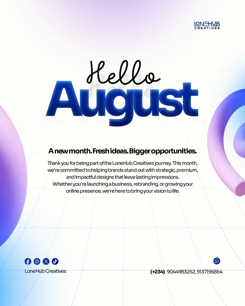 lonehubcre8ives's tweet photo. Hello, August! 💙💜

A new month means new ideas, fresh opportunities, and bigger goals.

#HelloAugust #NewMonth #AugustGoals #LoneHubCreatives #CreativeAgency https://t.co/FRDbHVCbTE