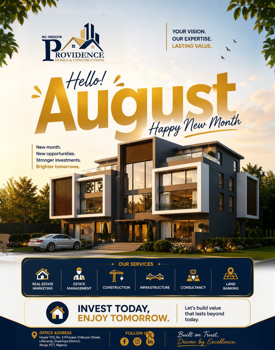Providencehom3s's tweet photo. Welcome to August! ✨

New month. New possibilities. New beginnings.

Make this the month you move closer to your dream home.

#real-estate #abuja https://t.co/rJrz6fSVLL