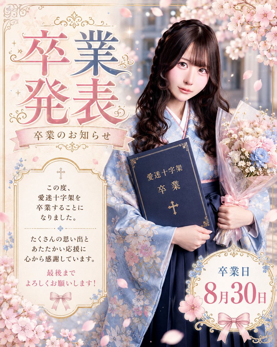 aimaicross's tweet photo. 🌸🎓 卒業のお知らせ 🎓🌸

この度、ねこ@neco_aimai が
8月30日をもちまして愛迷十字架を卒業することとなりました

これまでたくさんの応援をいただき、誠にありがとうございます💐

卒業まで残りわずかとなりますが、最後まで温かく見守っていただけますと幸いです。

皆さまのご来店を心よりお待ちしております🕊️✨

୨୧ ┈┈┈┈┈┈┈┈┈ ୨୧
🎀 卒業日：8月30日 🎀
୨୧ ┈┈┈┈┈┈┈┈┈ ୨୧

#池袋 #コンカフェ