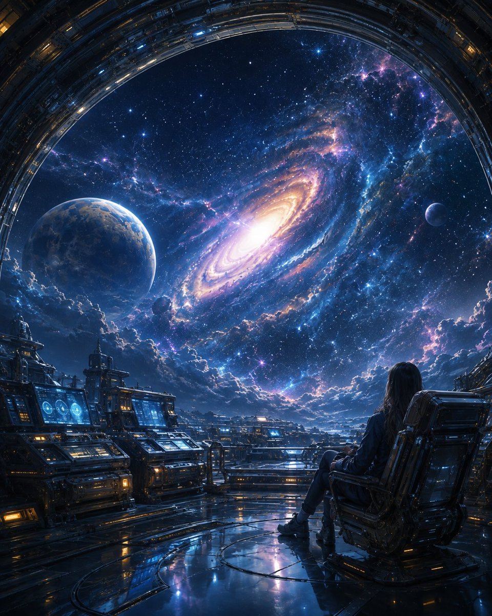 DokeiHi's tweet photo. At the edge of the known universe, silence becomes infinite.
A lone observer watches a spiral galaxy unfold beyond the station—vast, luminous, and impossibly distant.
#SciFiArt #SpaceArt #Galaxy #CosmicArt #DigitalArt #ConceptArt #FuturisticArt #SpaceStation #AstronomyArt #FantasyArt #CinematicArt #AIArt