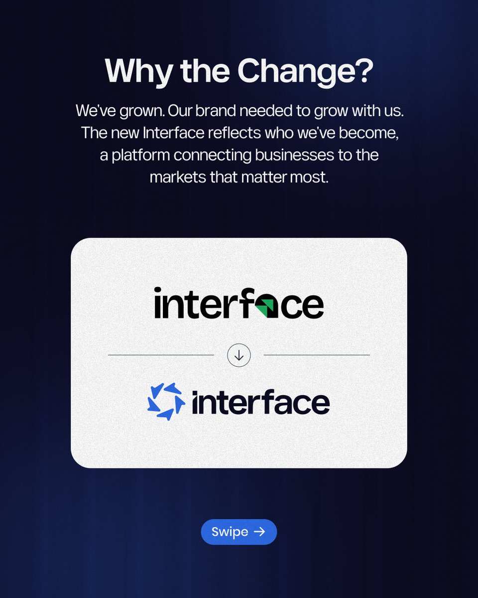 theinterface_co's tweet photo. A new look. The same mission. A bigger vision.

Today, we're introducing the new Interface.

This isn't just a new logo. It's a reflection of who we've become; a Market Access Platform connecting businesses to the markets that matter most through agents, data, and payments.
>>> https://t.co/4BYhrnwdRx