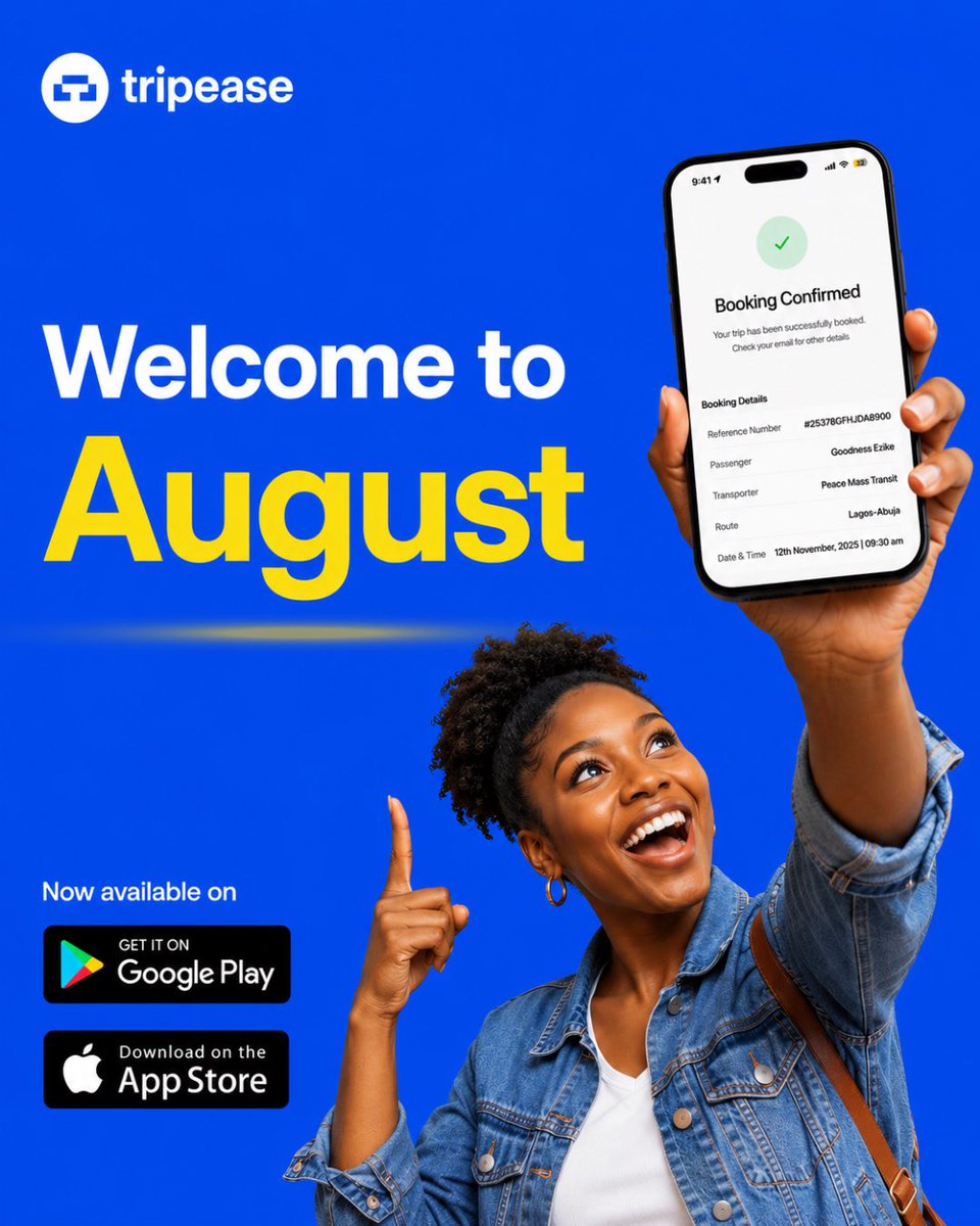 Tripeaseltd's tweet photo. Welcome to Augustπ
A new month means new journeys, new memories, and easier travel.
Book your interstate trips with trusted transport operators and travel stressfree
Download TripEase today on Google Play and the App Store.
#august #tripease #interstatetravel #roadtrips https://t.co/TeXXSN4itV