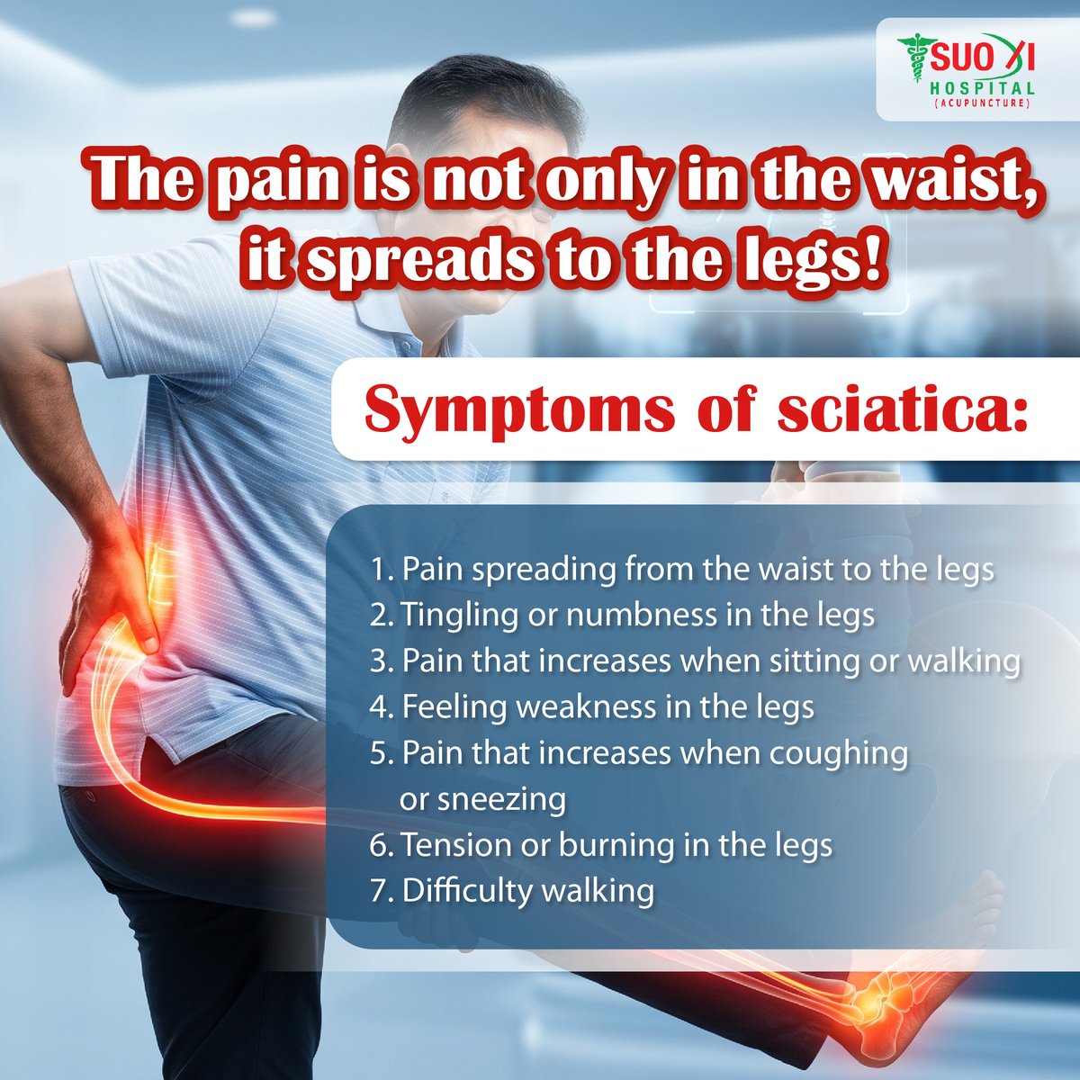 SUOXIHospital's tweet photo. why does sciatica occur? Sciatica of Symptoms
#sciaticarelief #SciaticaTreatment #physiotherapy #acupuncture #suoxihospital https://t.co/OG0RZFgicY