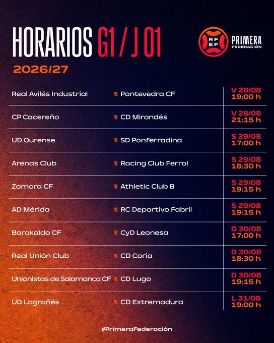 GolSinVAR's tweet photo. Ya tenemos los primeros horarios de Primera Federación, como os comenté, la idea era lanzarlo esta semana para ayudar a los desplazamientos y la idea es que la tónica sea 4 semanas, aunque se comprometen a mínimo saberlo con 3 de antelación.

Dependen de los horarios de LaLiga.

La novedad esta jornada, el jugar LUNES @UDLogrones @CDExt1924 @TeruelCd @lafabricacrm