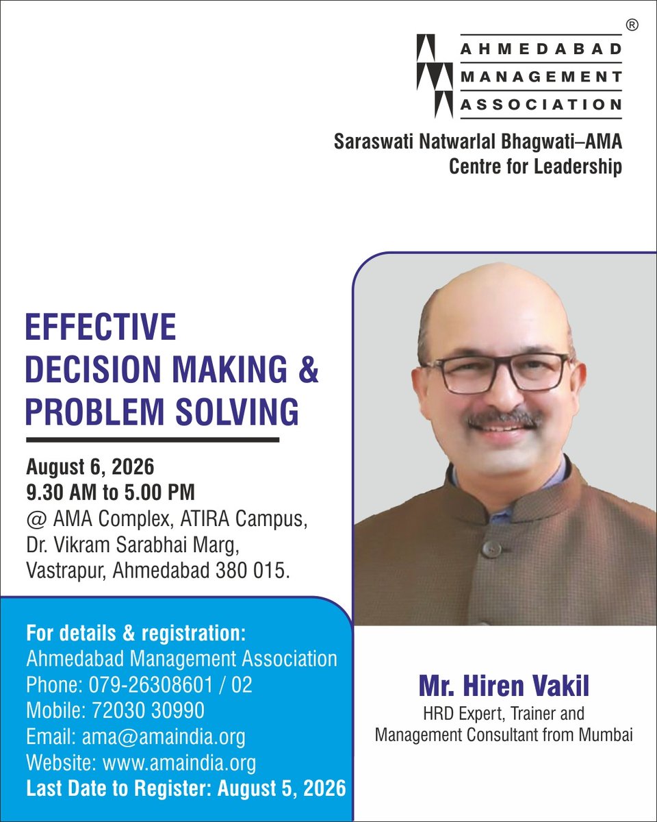 ama_ahmedabad's tweet photo. Skills age. Learning doesn't.
This August, sharpen your edge with AMA's Management Development Programmes covering AI, Excel, Leadership, Decision Making, Finance and more.
Register Now: https://t.co/lHaWtZjM6g
@Unmeshdixit @dishankpanchal
#ama #amaindia #upskilling #leadership #professionalgrowth