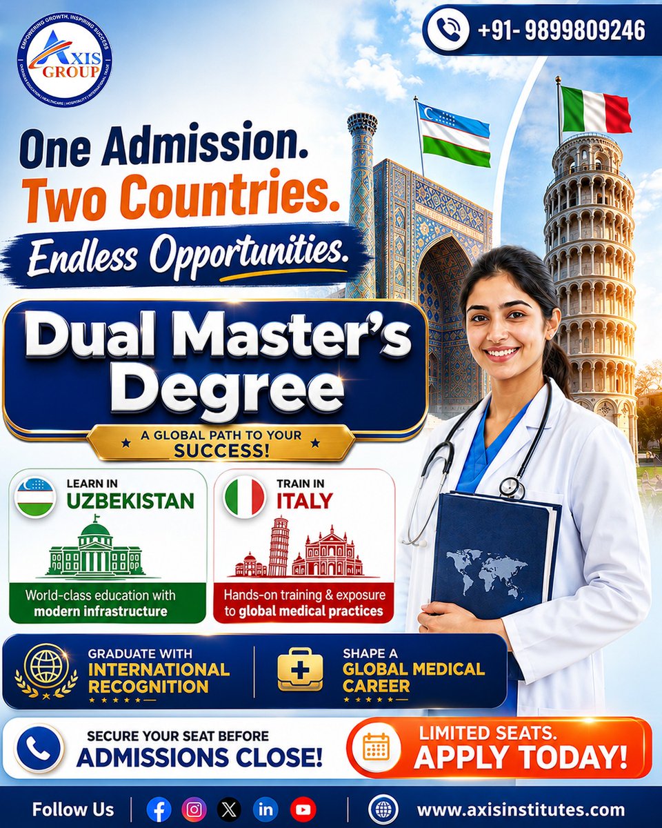 axisinstitutes's tweet photo. One Admission. Two Countries. Endless Opportunities.
#AxisGroup #DualMastersDegree #StudyAbroad #MBBSAbroad #MedicalEducation #Uzbekistan #Italy #StudyInUzbekistan #StudyInItaly #MedicalCareer #InternationalEducation #MedicalStudents #DoctorsOfTomorrow #GlobalMedicalCareer https://t.co/LK5dmzuDm8
