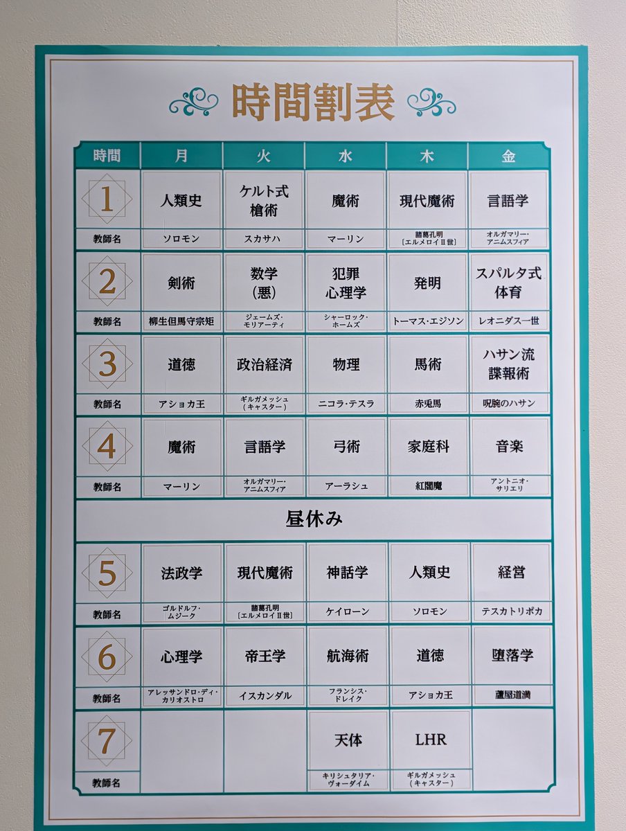 Merem110's tweet photo. カルデア学園で誰が教師やってるのか時間割でわかるけど豪華すぎる…！ #FGO #FGO11周年 #FGOフェス https://t.co/QG86D61KVy