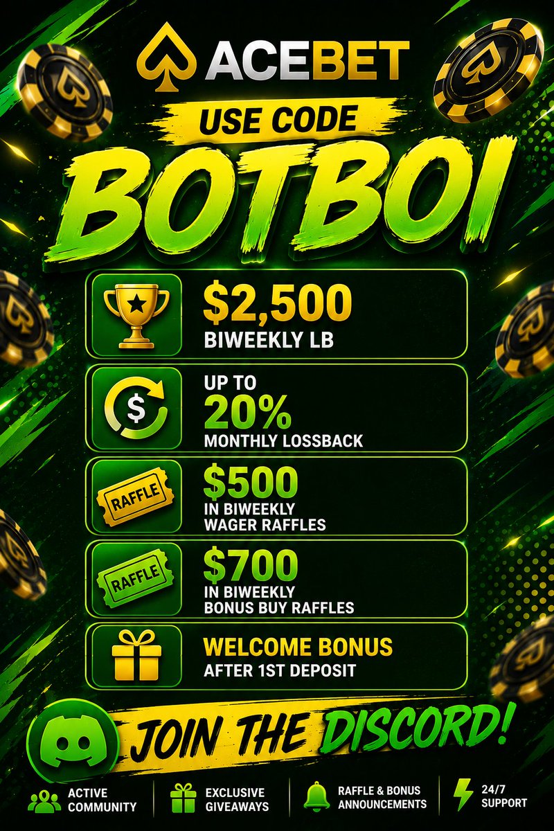 BotBoiBets's tweet photo. 🏆Our rewards on @acebet have only gotten bigger and better!

☑️Sign up using code "BotBoi" on AceBet and get access to over $4,000+ in rewards! 

🤑$25 Giveaway [RT + Tag 2 Friends]

🔗Join our discord! https://t.co/QoJ8pq9tng https://t.co/qIMbCHT0Wd