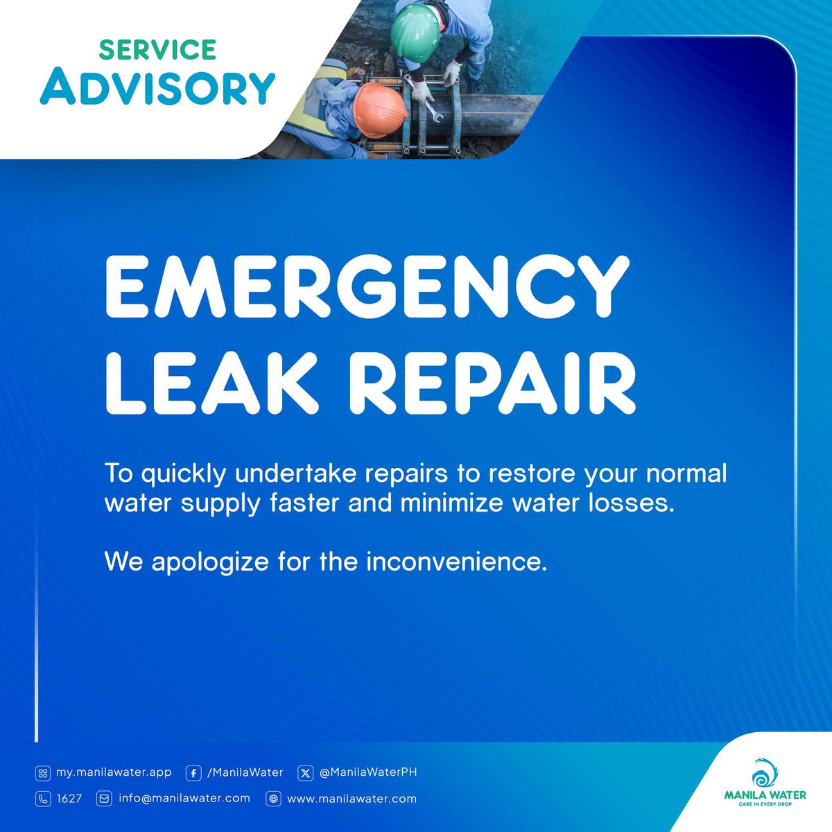 ManilaWaterPH's tweet photo. SERVICE ADVISORY - MARIKINA: EMERGENCY leak repair at E. Rodriguez Ave. cor. Cepeda St., Brgy. Concepcion Uno, Marikina City, from 10:00 PM of August 1, 2026 to 5:00 AM of August 2, 2026, causing temporary water interruption in parts of Brgy. Concepcion Uno. https://t.co/GWlzjFDExe