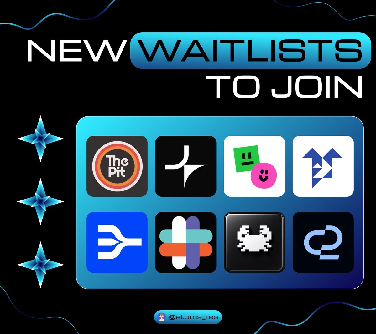 atoms_res's tweet photo. 💎 8 Waitlists to Join Right Now

Takes a few minutes 👇

▶️ The Pit App ( @ThePitApp )

ℹ️ The Pit App is a crypto derivatives trading platform
⏺️ Backed by YZi Labs and Polychain

⛓️ https://t.co/0WOuQiW4rO

________________________

▶️ Click ( @clickdottrade )

ℹ️ Click is a non-custodial trading platform for crypto and prediction markets

⛓️ https://t.co/mqJpE81hp5

________________________

▶️ Bash ( @onbashtv )

ℹ️ Bash is an AI platform for building apps and automations with prompts

⛓️ https://t.co/WIK87W47gd

________________________

▶️ Sheared ( @sheared )

ℹ️ Sheared is a trading platform

⛓️ https://t.co/yW5z1mzFC8

________________________

▶️ Shrimp ( @Shrimp_dex )

ℹ️ Shrimp is the first native DEX aggregator on Robinhood

⛓️ https://t.co/rHCmXOmYho

________________________

▶️ Monexus ( @monexus_xyz )

ℹ️ Monexus is the next intelligence layer on Monad

⛓️ https://t.co/O40no1Y8XM

________________________

▶️ InstaClaw ( @instaclaws )

ℹ️ InstaClaw is the AI agent launchpad on Robinhood

⛓️ https://t.co/hMOVVQY5bi

________________________

▶️ Turbo Accounts by @o2dotapp

ℹ️ Turbo Accounts is an instant trading capital solution with no evaluation
⏺️ o2 is powered by Fuel

⛓️ https://t.co/0NawPGtiIG
________________________
💙 Don't miss any updates 👇
https://t.co/4c8ls8ldj4