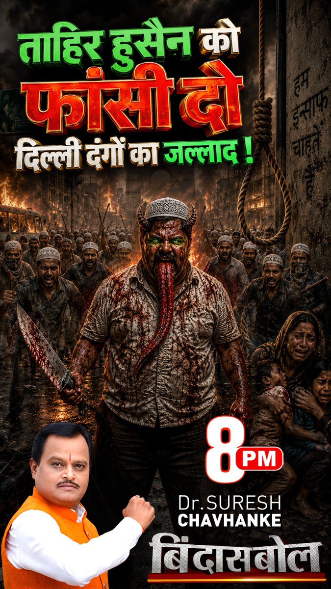 SureshChavhanke's tweet photo. ताहिर हुसैन को फाँसी दो। 
दिल्ली दंगों के जल्लाद पर बिंदास बोल। आज रात 8 बजे, रात 11 बजे। https://t.co/umFxYJTkb5