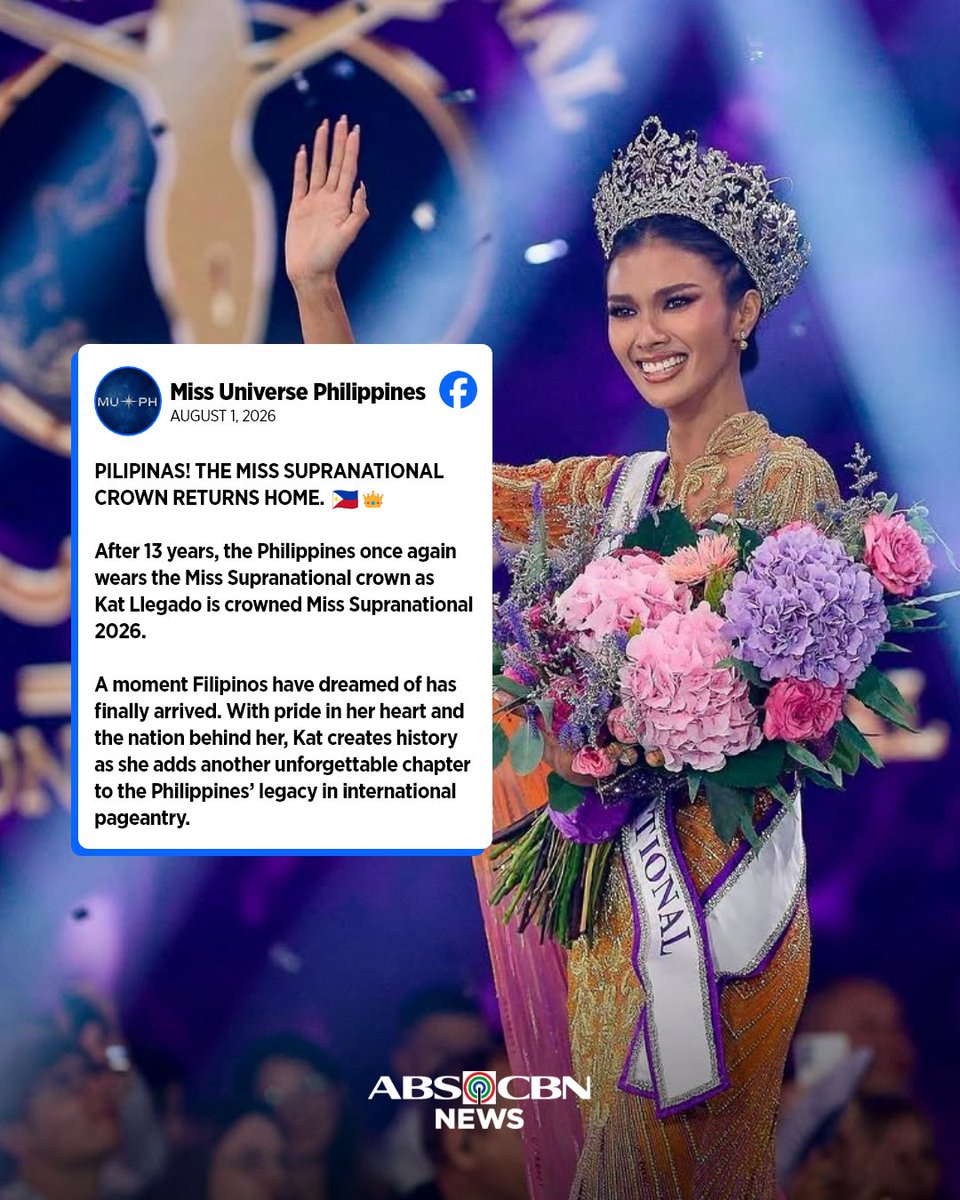 ABSCBNNews's tweet photo. The Miss Universe Philippines Organization congratulates Katrina Llegado for her Miss Supranational victory. 

Llegado competed twice under the Miss Universe Philippines Organization, where she was named as 2nd runner-up in 2022 and was appointed as Miss Supranational Philippines in 2025.

Read: https://t.co/YYubiEdyOZ