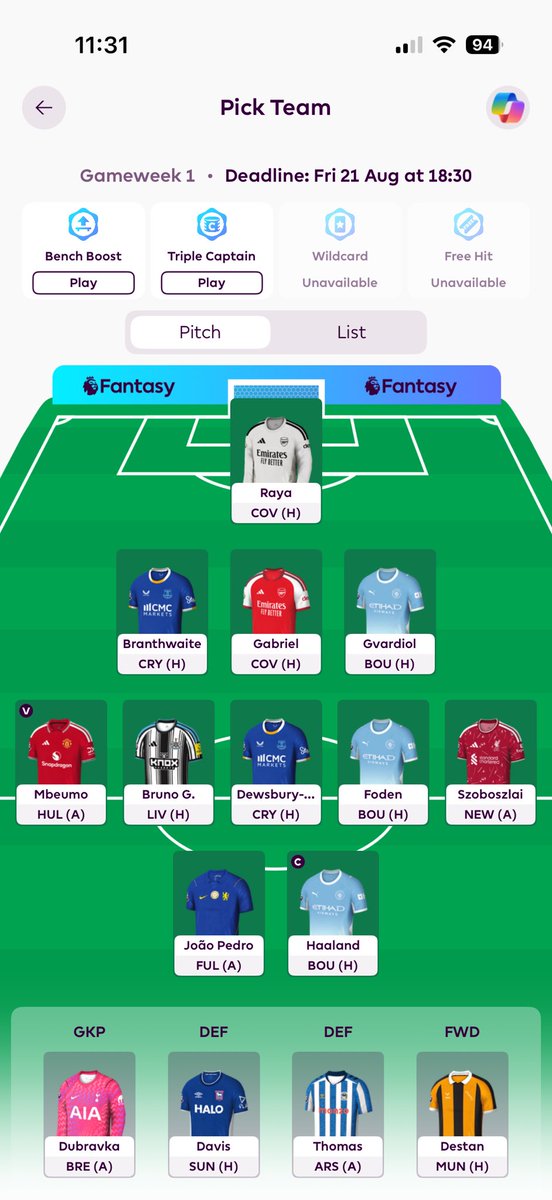 SuperDrager8's tweet photo. @FPL_Harry @FFScout Top 10k in 24/25 need a strong start to get back to there. Bruno a bit to expensive and think gabriel offers more value for his price. Unsure with Bruno G. Will only keep him if he stays at Newcastle. keeping an eye on those branthwaite minutes in pre season if not will go tark👊 https://t.co/lATvEGlJtk