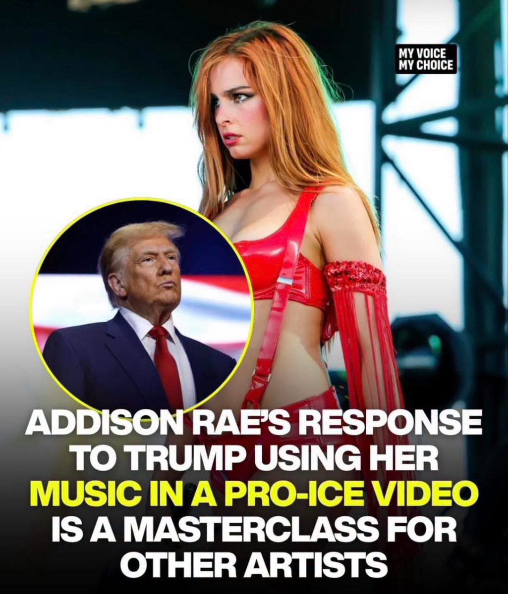 Gianl1974's tweet photo. Addison Rae isn’t the biggest pop star in the world. But she just showed all others how to fight the Trump administration’s unauthorized use of her music 💪🏾 

While artists like Sabrina Carpenter, Olivia Rodrigo, and Sza have all called Trump out — Addison took a different approach…

After the official DHS account used her single “Diet Pepsi” in a video promoting ICE, the singer filed a copyright claim against the federal agency.

Magically, within mere hours, the video was removed from DHS’ posted and replaced with a message that read: "THIS MEDIA HAS BEEN DISABLED IN RESPONSE TO A REPORT BY THE COPYRIGHT OWNER."

🎤 ⤵️

📸: My Voice My Choice