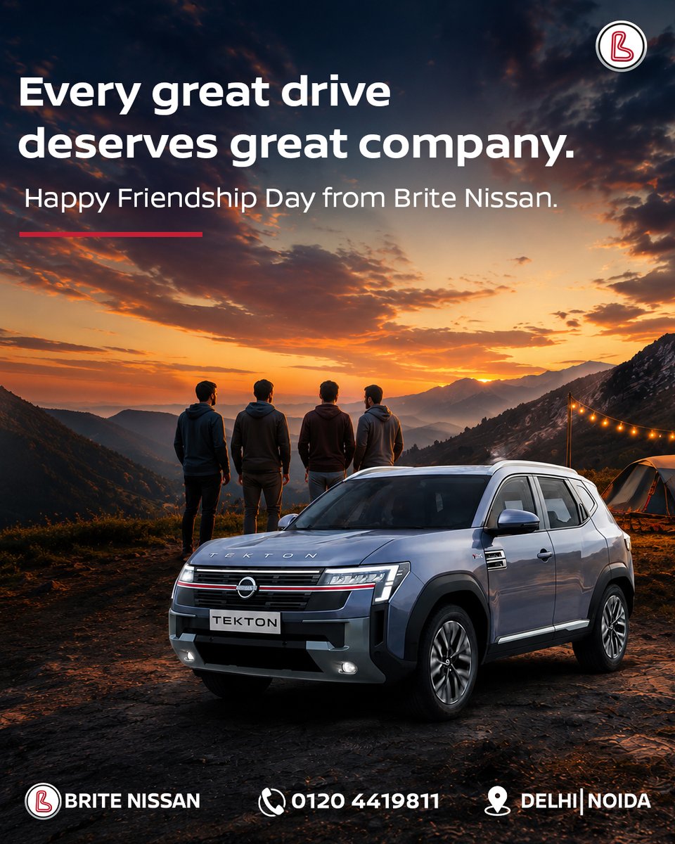 BriteNissan's tweet photo. Every unforgettable journey begins with great company. ❤️

Here's to the friends who make every drive memorable.

Happy #FriendshipDay from Brite Nissan.

📍 Delhi | Noida
#BriteNissan #NissanIndia #DriveTogether https://t.co/rHahxXJcYf