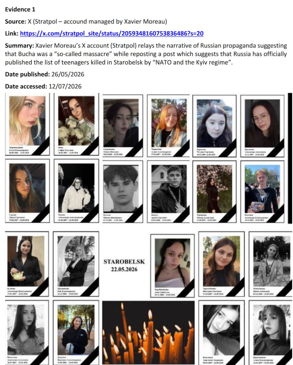 M_Simonyan's tweet photo. Xavier Moreau received a letter from the Council of the European Union explaining why he has been sanctioned. The very first piece of "evidence" they cite is a post about the Ukrainian drone attack on a college in Starobelsk.

The EU doesn't consider the mass murder of teenagers objectionable. Publishing photos of the victims, however — apparently so.