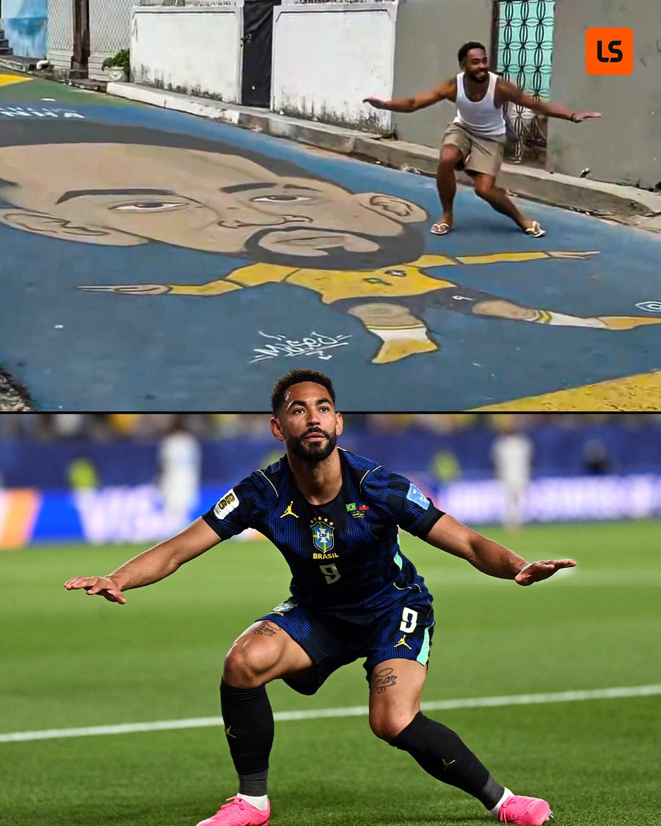livescore's tweet photo. Cunha has officially been immortalised on the streets of Brazil 🇧🇷🎨

His iconic surfer celebration has been turned into a cartoon mural 🏄 https://t.co/G1XDbKlvP2