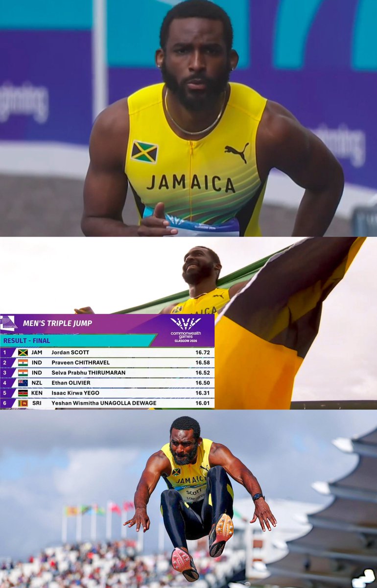 TrackGazette's tweet photo. GOLD for Jordan Scott 🇯🇲 in the men's Triple Jump at the Commonwealth Games in Glasgow!

He produced a best effort of 16.72m on his fourth jump to win ahead of Indians 🇮🇳 Praveen Chitravel who won Silver with 16.58m and Selva Thirumaran with 16.52m for Bronze. https://t.co/5qlxqDATn0