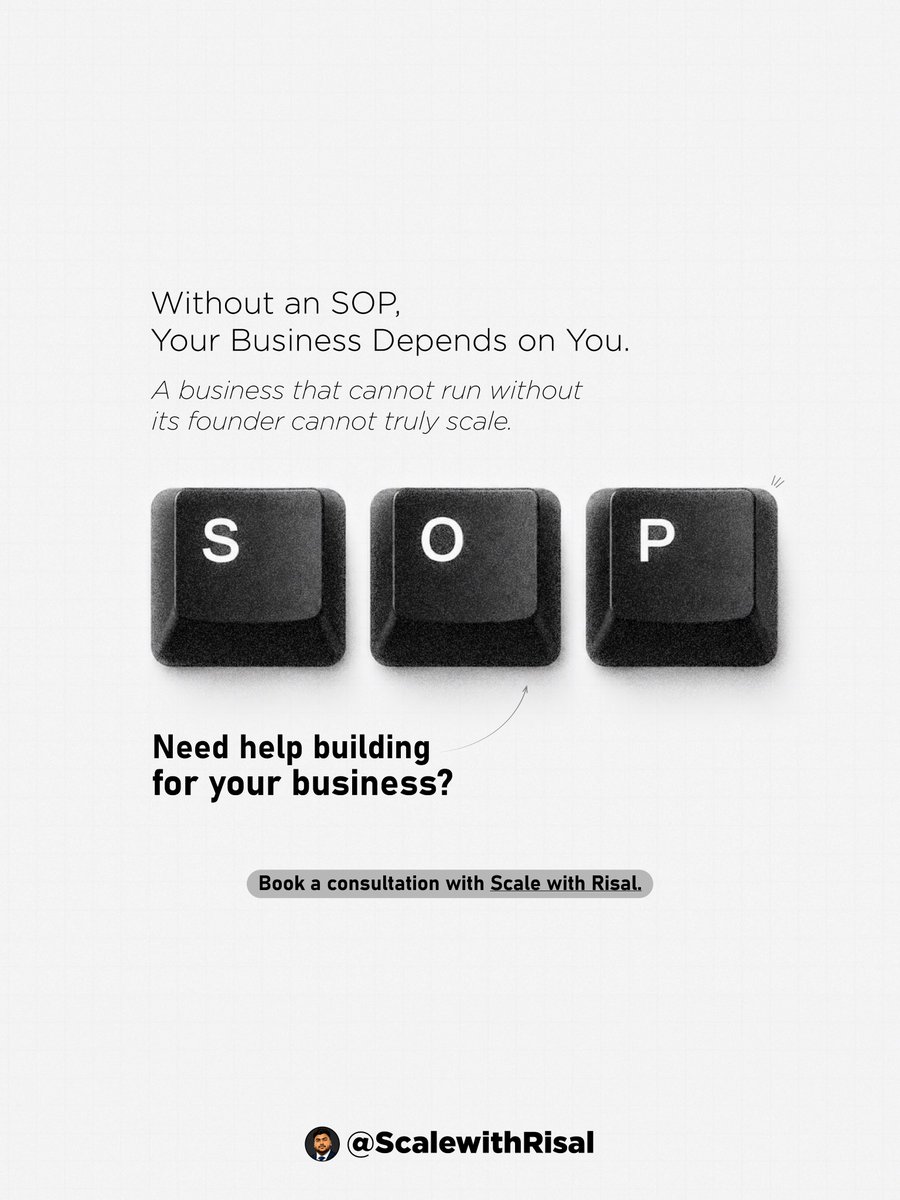 muhdrisal_'s tweet photo. Without an SOP, your business depends on you.

Standard Operating Procedures help businesses improve efficiency, reduce founder dependency, and scale with confidence.

Need help building SOPs for your business? Let's talk.

#SOP #BusinessGrowth #ScaleWithRisal #BusinessSystems https://t.co/7PXMep8XPS