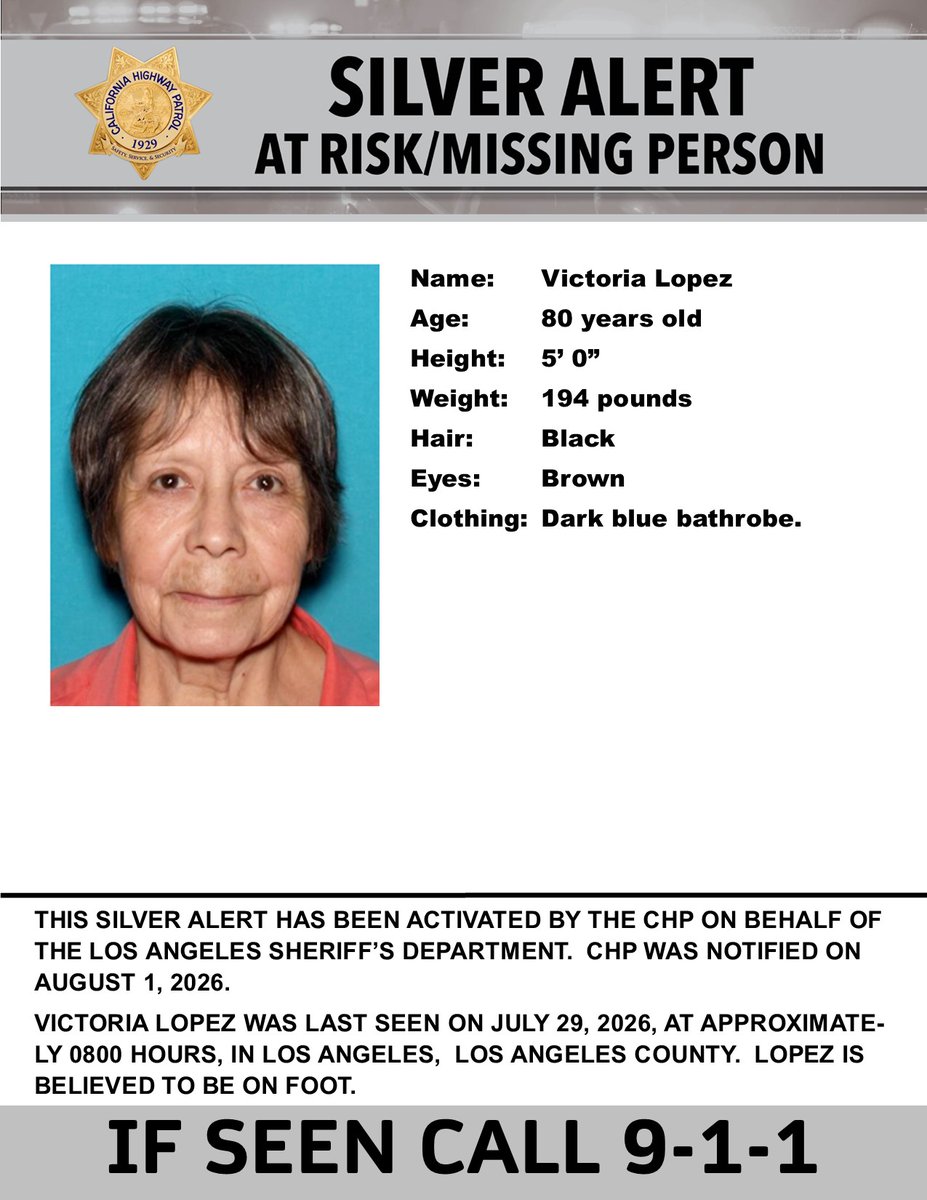 CHPAlerts's tweet photo. SILVER ALERT - Los Angeles County
Last seen: Percy Street and S. Indiana Street, Los Angeles
@LASDHQ

IF SEEN, CALL 9-1-1 https://t.co/QWIzuLabMa