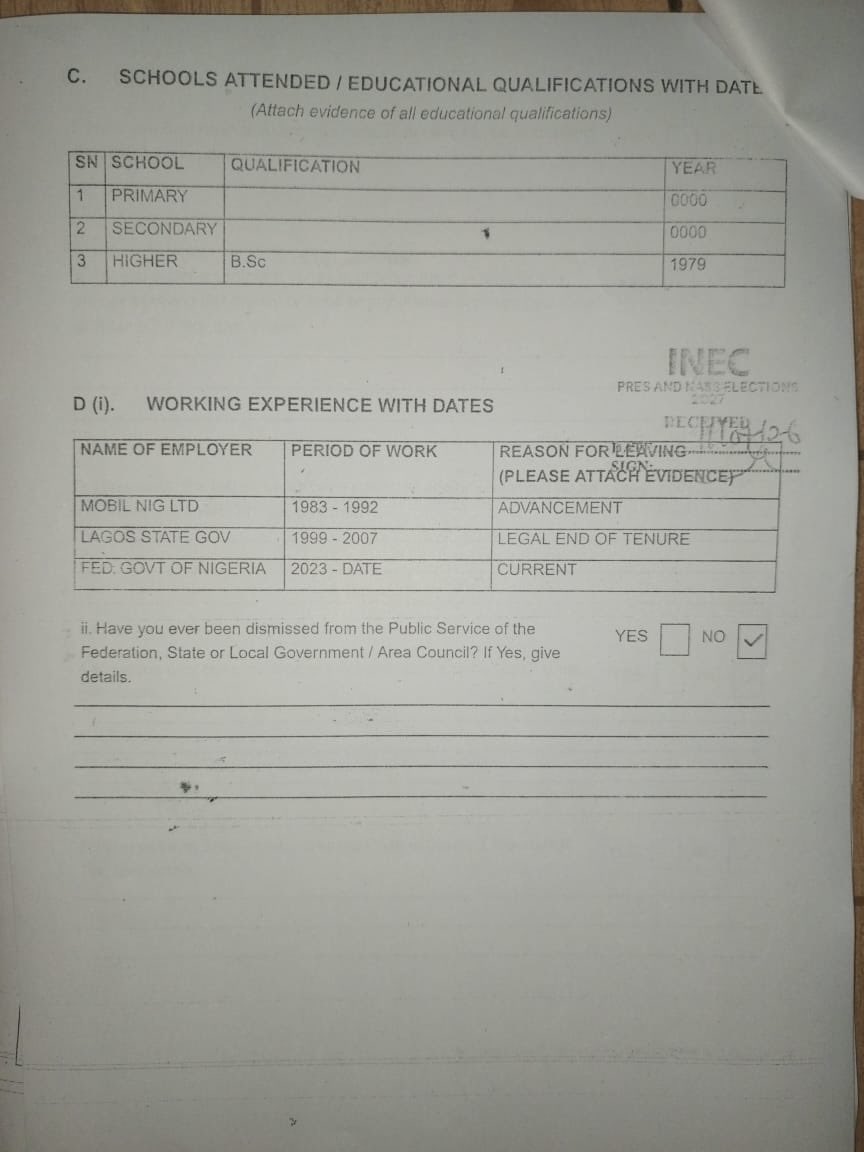 Imranmuhdz's tweet photo. Credentials and personal particulars of President Tinubu and the APC presidential candidate for 2027 were published by INEC today: https://t.co/wHG9R4cPlo