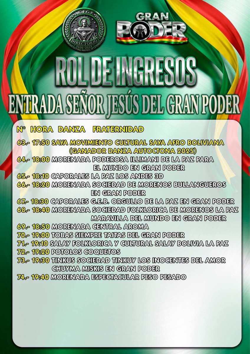 NuestrosB's tweet photo. Les presentamos:
ROL OFICIAL DE LA FASTUOSA ENTRADA EN HONOR AL SEÑOR JESÚS DEL GRAN PODER (Santísima Trinidad) PATRIMONIO CULTURAL INMATERIAL DE LA HUMANIDAD 🇧🇴💯
#LaPaz #GranPoder2026 #folklore #feydevocion #Bolivia
#nnbbnoticias https://t.co/8nd7k2Tzq7