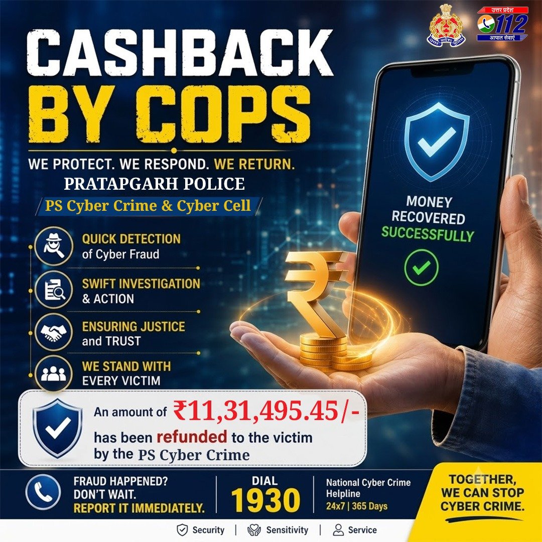 Uppolice's tweet photo. यूपीआई, इंटरनेट बैंकिंग, क्रेडिट कार्ड फ्रॉड एवं अन्य साइबर ठगी के माध्यमों से हुई कुल 23 शिकायतों में ₹11,31,495.45/- की धनराशि @pratapgarhpol के थाना साइबर क्राइम व साइबर सेल द्वारा पीड़ितों को वापस कराई गई।

खाते से धोखाधड़ी से पैसा निकलने की दशा में तुरंत 1930 पर कॉल करें या https://t.co/W7HzGMfw1t पर शिकायत दर्ज करें।    

#UPPCracksCyberCrime 
#UPAgainstCyberCrime 
#CyberSafeUP