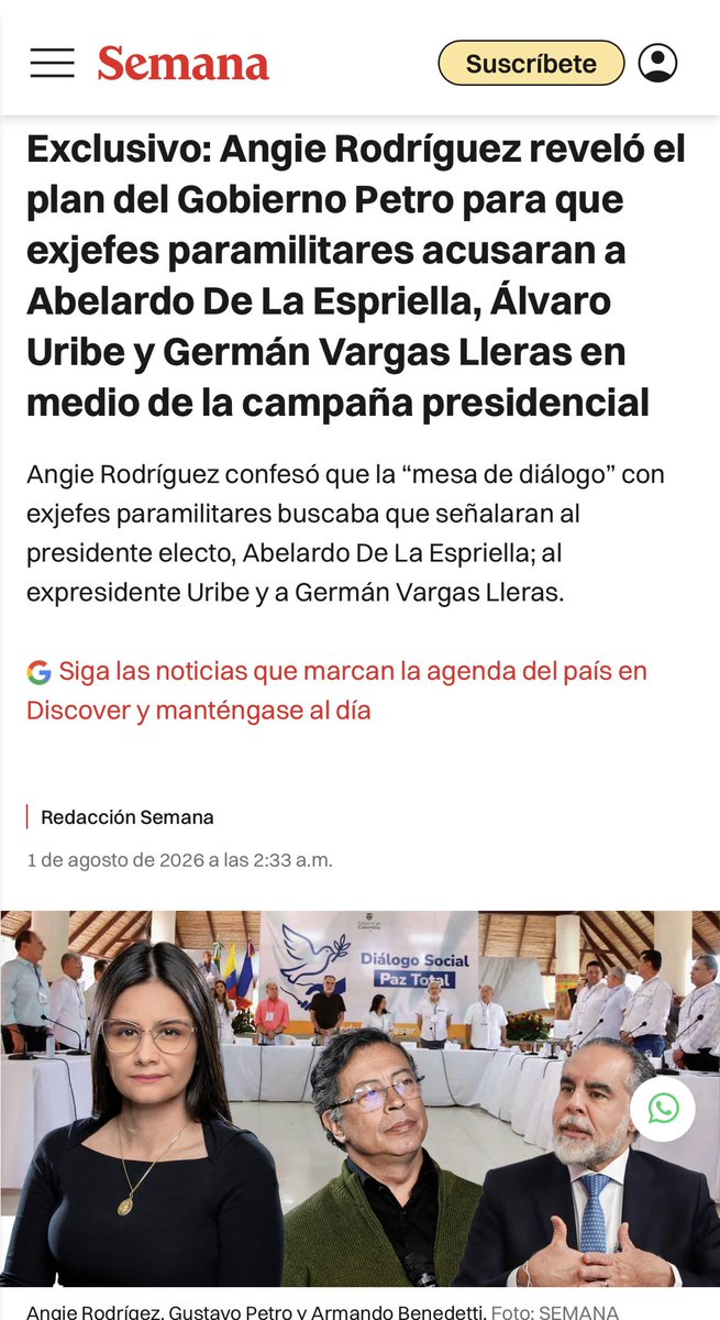 ANIABELLO_R's tweet photo. Las cochinadas de el gobierno Petro no tienen límites.

“El plan, según ella (Angie Rodríguez), giraba en torno a una orden del presidente Gustavo Petro y del ministro de Interior, Armando Benedetti, de hacer un gran evento con los principales jefes paramilitares en Valledupar, supuestamente para darle cierre al conocido Pacto de Ralito, pero en realidad, según su versión, se trataba de un plan para vincular a De La Espriella, Uribe y Vargas Lleras con los paras, justo en medio de la campaña presidencial”.

Rodríguez tenía que cumplir la orden del presidente Petro y del ministro Benedetti: “Entro y les digo, literal, sin anestesia: ‘Perdónenme que hable así tan horrible’, y les digo: ‘Venga, la verdad, acá hay un objetivo principal. Que ustedes hablen de estas tres personas’. Se me paran dos, perdónenme, voy a decir la palabra: ‘emputados’. A nosotros nos respetan, doctora, y el Gobierno no nos va a utilizar y no sé qué. Y uno se paró de la mesa”.