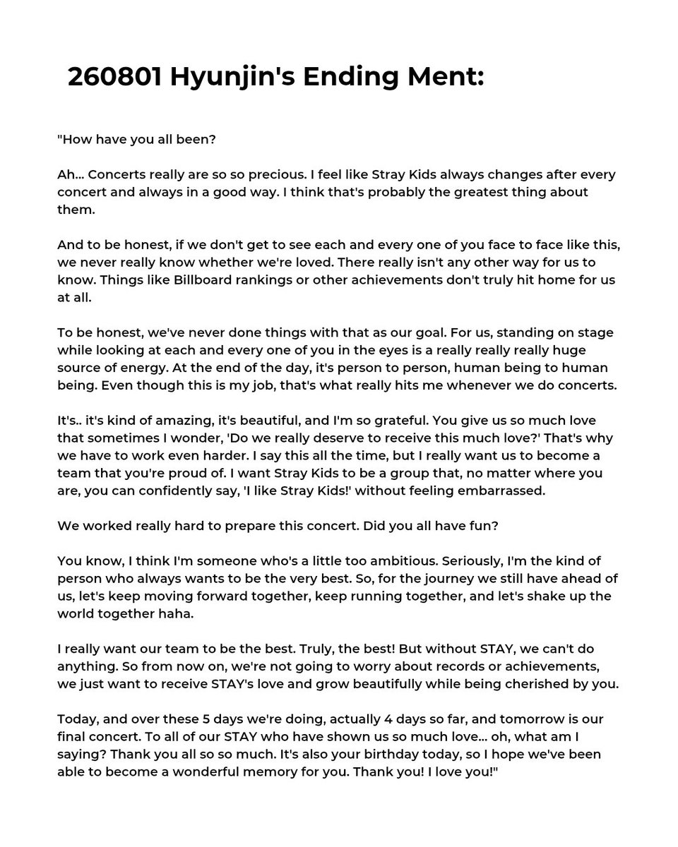 dearhyunjinie's tweet photo. 260801 Hyunjin's Ending Ment https://t.co/hCWDXhilnn