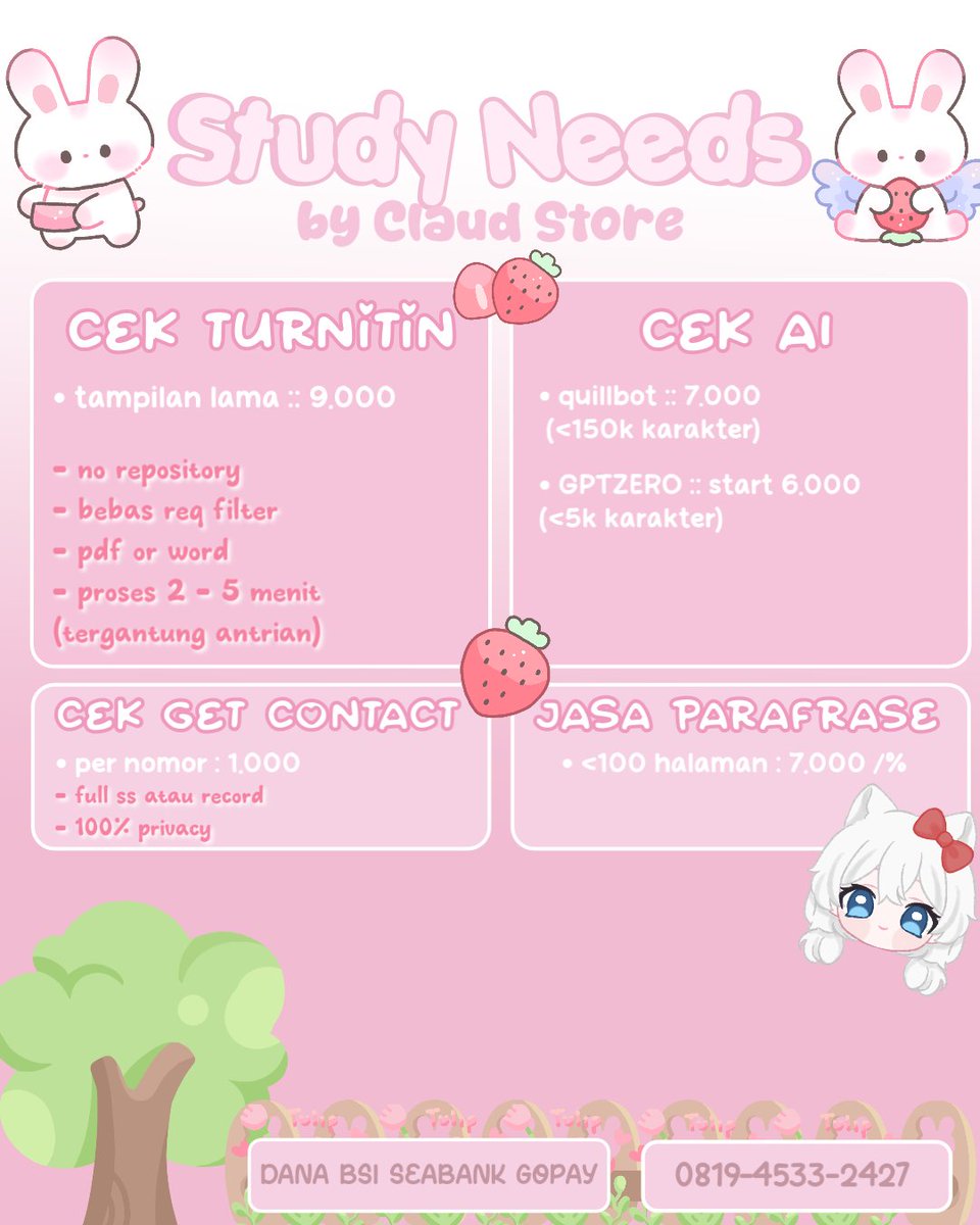 fleusry's tweet photo. OPEN RESELLER SETIAP HARI
- Cek Turnitin
- Cek Gtc (full ss/record)
- Cek AI Quillbot
- Download Scribd
- Paid Edit (bebas request &amp; custom, ada catalogue ready)
- Jasa Parafrase
- Jasa formating dokumen

whatsapp :: 
https://t.co/jCG6ol503U
testie on tele
#zonauang #bealanja 12 https://t.co/tS3HoH9rnE