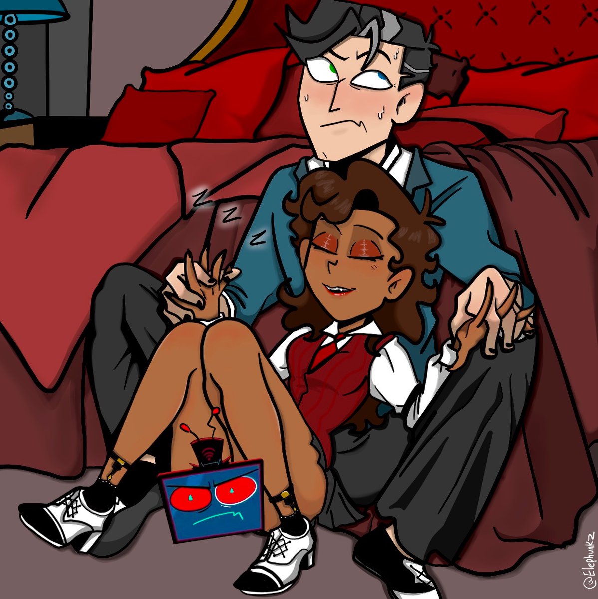 v4mpoos's tweet photo. Hard to move with a sleepy kitty on ur lap.. #hazbinhotel #voxal #murdermedia I need to go shopping now bye #radiostatic https://t.co/5Uu1ssMYg6
