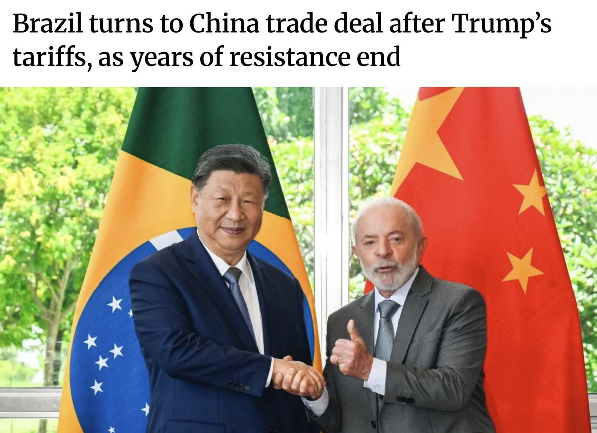 agent_of_change's tweet photo. Washington is accidentally building a multipolar world

Xi Jinping and Lula spoke by telephone for over an hour on Sunday and agreed to accelerate negotiations on a China–Mercosur trade agreement. This is a considerable turnaround: Brazil spent years leading the resistance to precisely such a deal within the bloc.

What changed Brasília’s mind? Trump’s tariffs. The call came days after Trump’s 25 percent levy on Brazilian exports took effect, and a week after Washington slapped a further 12.5 percent on 60 trading partners, Brazil included, on the grounds that they had failed to combat forced labour adequately.

Note that these tariffs are part of a broader campaign to disrupt China’s trading relationships, based on an utterly absurd and easily debunked slander of forced labour in Xinjiang. The US administration is busy gutting its own labour protections, and is the world leader in “legal slavery” in its prison system, so it’s hard to take seriously its claim to moral authority on labour standards.

Marco Rubio, meanwhile, described the tariffs on Brazil as being the price of “Lula’s ego” – that is, the price of Brazil’s refusal to bow to Washington’s diktats. The message is clear: if you want to trade with the US, you read verbatim from the Trump administration’s script.

China, by contrast, is proposing a trade agreement “that contemplates the necessary flexibilities” – meaning China is perfectly happy to accommodate Mercosur’s concerns about protecting its own industry, rather than demanding liberalisation as the price of entry. China is putting forward a deep alignment of the two countries’ national development projects; expanded cooperation in artificial intelligence, satellites, critical-minerals processing and fertilisers; a visa waiver; and an explicit pledge to support Brazil’s sovereignty, security and development interests.

Commerce aside, China and Brazil are two of the most substantial voices in the Global South arguing for a negotiated end to the war in Ukraine – they launched the Friends for Peace grouping at the UN precisely for that purpose, against furious Western objection. Both have pressed consistently for a Gaza ceasefire while the US armed and shielded the genocide. Both are committed to meaningfully addressing the climate crisis. Both defend the UN Charter and non-interference, and in 2024 they elevated their relationship to a “community with a shared future for a more just world and a more sustainable planet”.

That is what multipolarity and sovereign equality looks like in practice: two large countries, with different social and economic systems, cooperating on development and peace on the basis of equality and in the absence of coercion and domination.

Trump’s people appear to believe that tariffs will discipline the Global South back into line. What they are actually doing is demonstrating to the world that dependence on the US is a liability – and thereby accelerating the construction of the alternative.