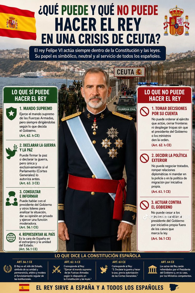 JuliaLunaAzul1's tweet photo. Para todas éstas cosas que el Rey puede "hacer" no nos vale de nada lo de que el rey es s��mbolo de la  unidad del Estado "MENTIRA" ahí está Cataluña, las Vascongadas y Navarra y es el mando de las Fuerzas Armadas, para que? 
Encima también le permite a Sánchez arruinar España. https://t.co/rOI6qwJRil