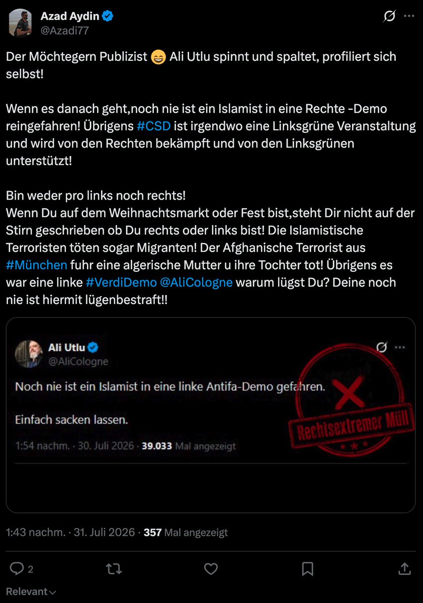AliCologne's tweet photo. Der Azad Aydin ist der, der wollte, dass arabische Flüchtlinge deutsche Frauen zur Verfügung gestellt bekommen, damit sie sich sexuell ausleben können, damit sie keine Frauen vergewaltigen auf den Straßen.

Ich finde es lustig, dass er zwar 15.000 Follower hat, aber nicht einen Like. Loser.