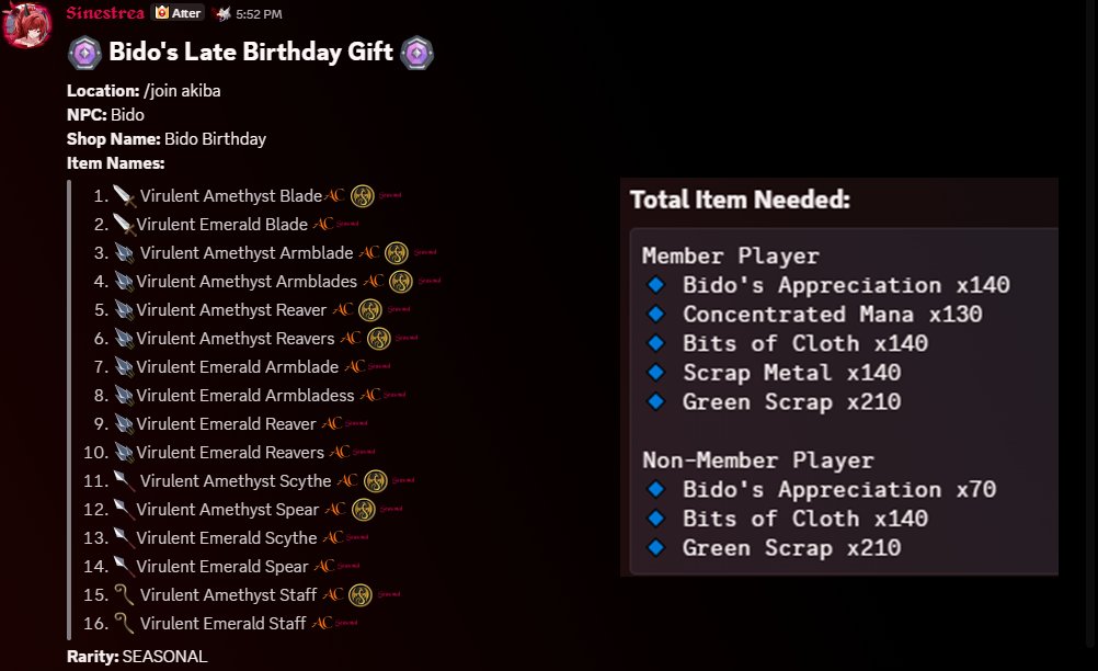 Datenshi6699's tweet photo. 🎉 Bido's Late Birthday Gift is HERE! 🎉

To celebrate his birthday, Bido has cooked up 16 brand-new Seasonal AC Tagged weapons.
All designed exclusively by him! 🔥

📍 Location: /join akiba
Meet the birthday boy and check out his Merge Shop to claim the new weapons.
You'll need to complete Bido's quests to earn the merge materials, so get farming! ��️

⚠️ Note: Virulent Amethyst Weapons are Member-only items.

Happy belated birthday, @BidoAE  🥳
Hope you had an amazing celebration, and thanks for the awesome gifts to the AQW community! 💚