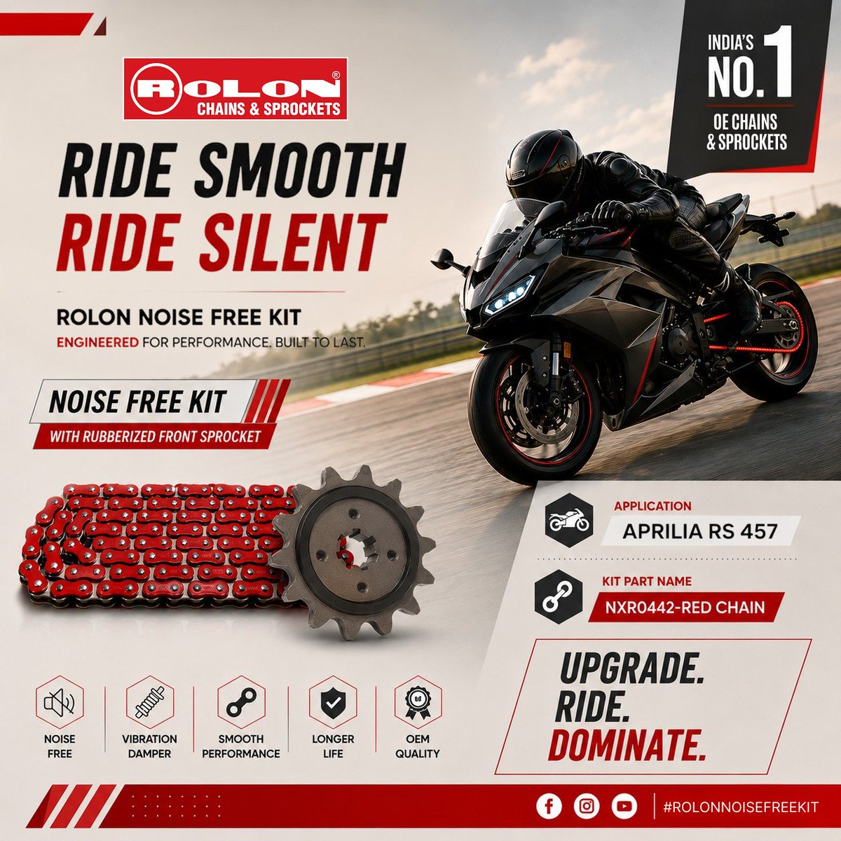 LGBalakrishnan1's tweet photo. Less Noise. More Performance. 🔥
Upgrade your Aprilia RS 457 with the Rolon Noise Free Kit featuring the NXR0442 Red Chain. Smooth, quiet, and reliable.
#lgbrolon #Rolon #ApriliaRS457 #RedChain #RideSafe #Superbike https://t.co/Jxnz6NBJcp