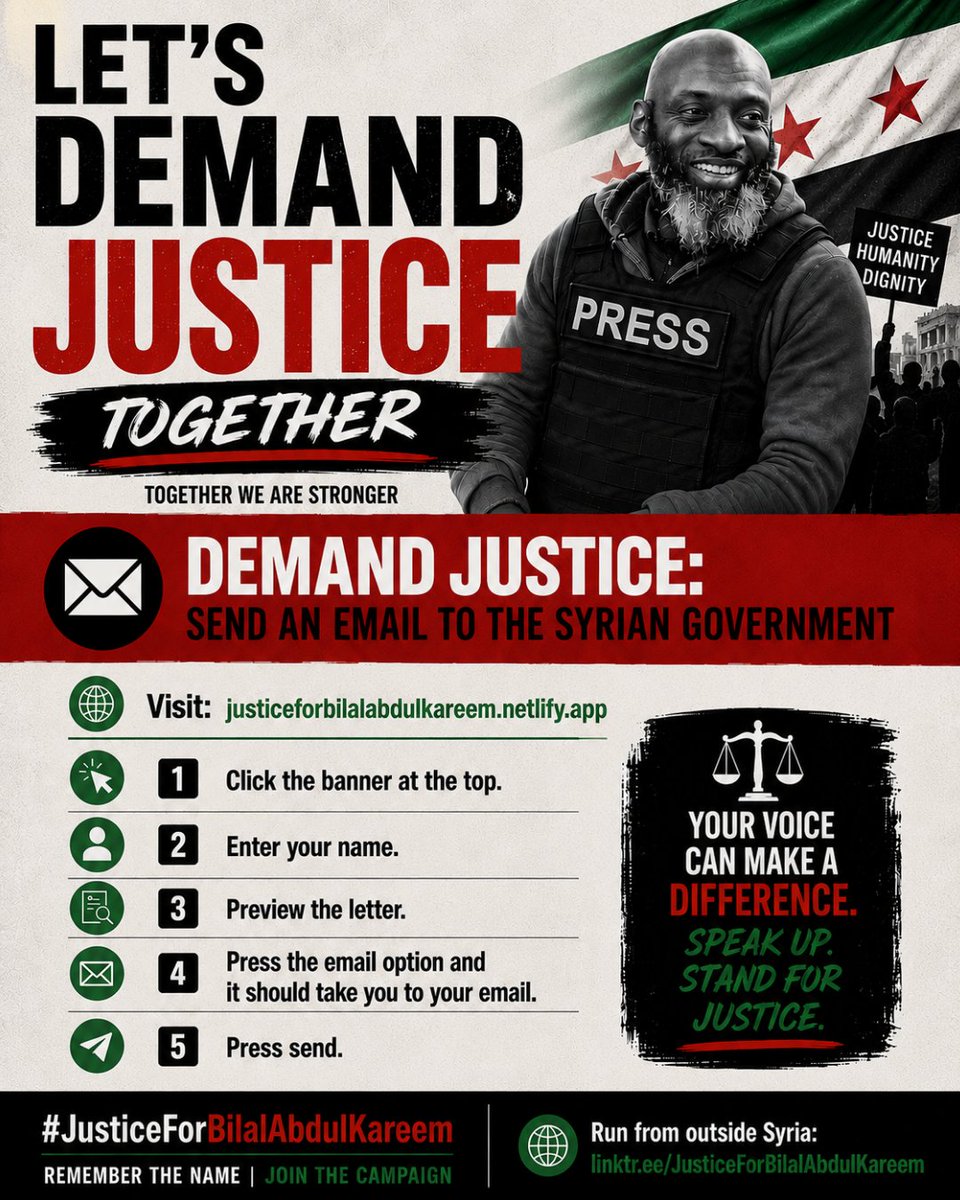 Justiceforbilal's tweet photo. 🔴  ACTION POINT: LET'S DEMAND JUSTICE TOGETHER FOR @BilalKareem | TOGETHER WE ARE STRONGER

DEMAND JUSTICE: EMAIL THE SYRIAN GOVERNMENT 

👉 🌐 Visit: https://t.co/bA9eOXE9Yd

1. Click the banner at the top.  
2. Enter your name. 
3. Preview the letter. 
4. Press the email option and it should take you to your email.
5. Press send.

YOUR VOICE CAN MAKE A DIFFERENCE. SPEAK UP. STAND FOR JUSTICE.

 #JusticeForBilalAbdulKareem
REMEMBER THE NAME | JOIN THE CAMPAIGN
🌐 Run from outside Syria: https://t.co/HS0uAPeler