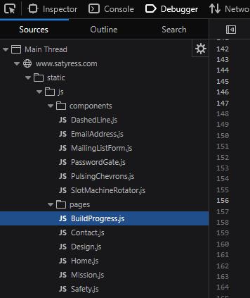 meph0stophilis's tweet photo. on the threehalves arg - as already discovered by @/ToastedFauna, you can find both the hidden page 'BuildProgress' and the password to access it in 'PasswordGate.js' (i'm on firefox and found this in the debugger menu) #threehalves https://t.co/C40uBc6ySm