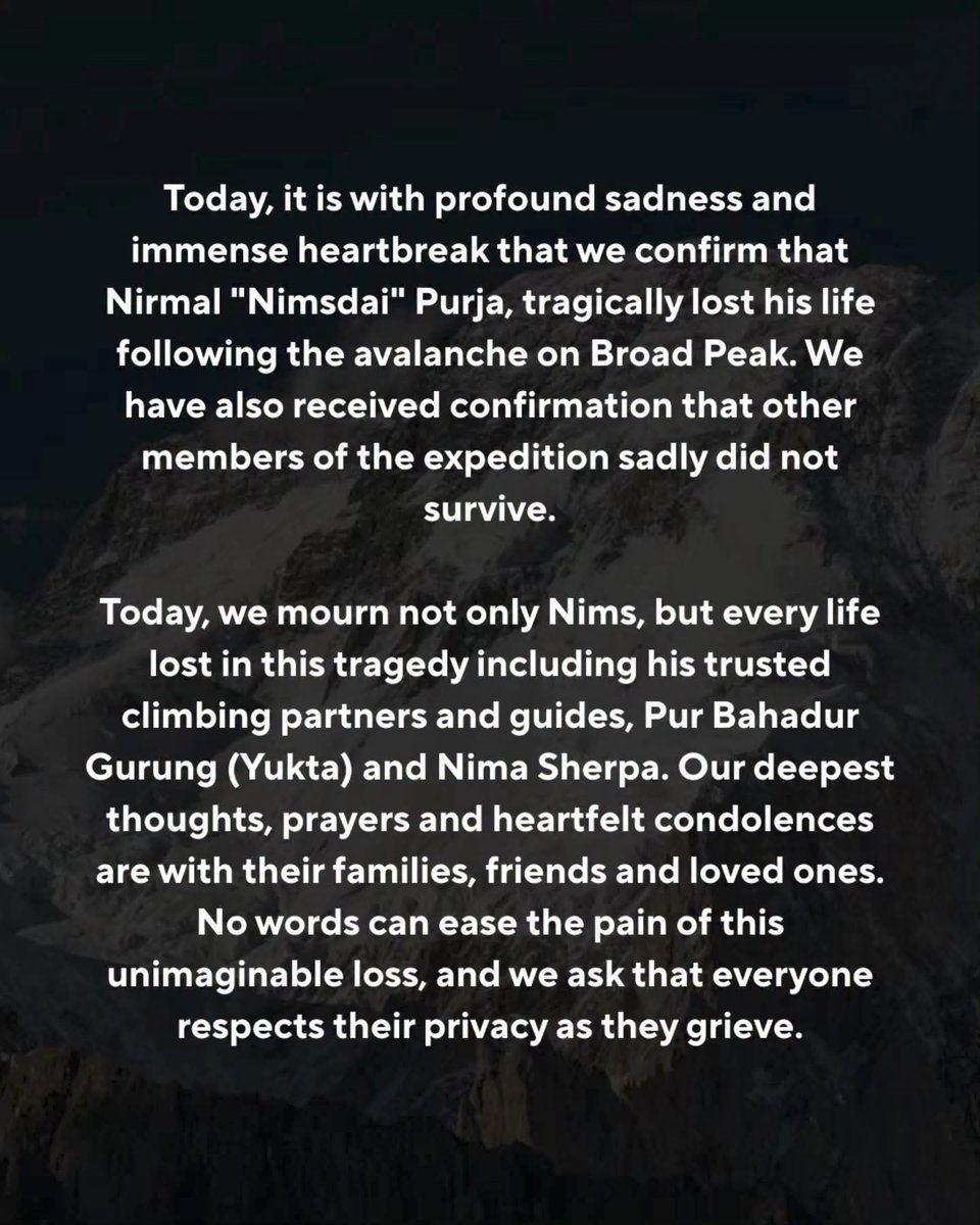 kathmandupost's tweet photo. Nirmal Purja, the renowned climber and mountain guide, has died after being caught in an avalanche on Broad Peak, Pakistan, according to Elite Exped, the expedition company he co-founded. https://t.co/5b6sZItJGC