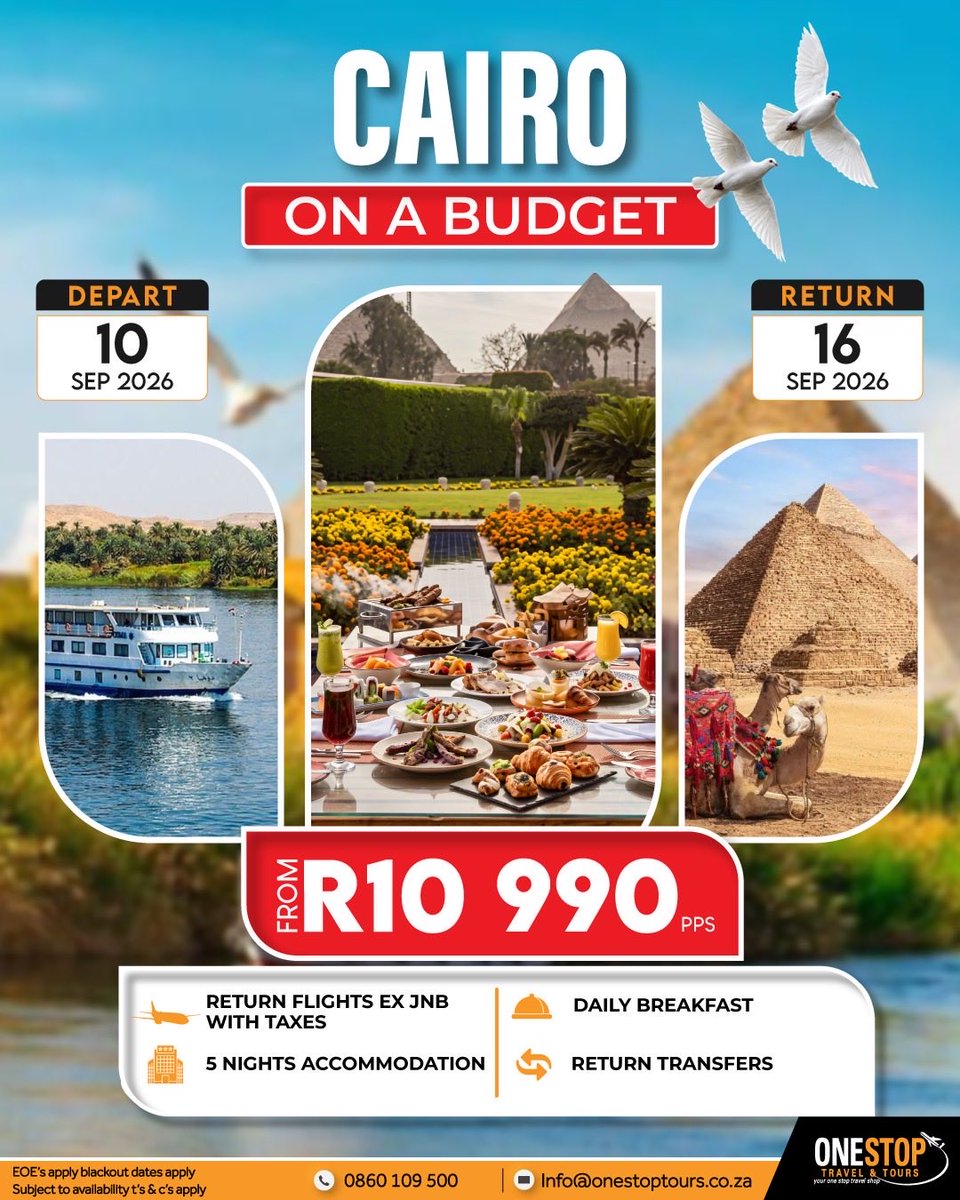 OnestoptravelT's tweet photo. Cairo on a budget, limited seats available!
#onestop #fyp #travel #cairo https://t.co/UvI2Pg8WZ4