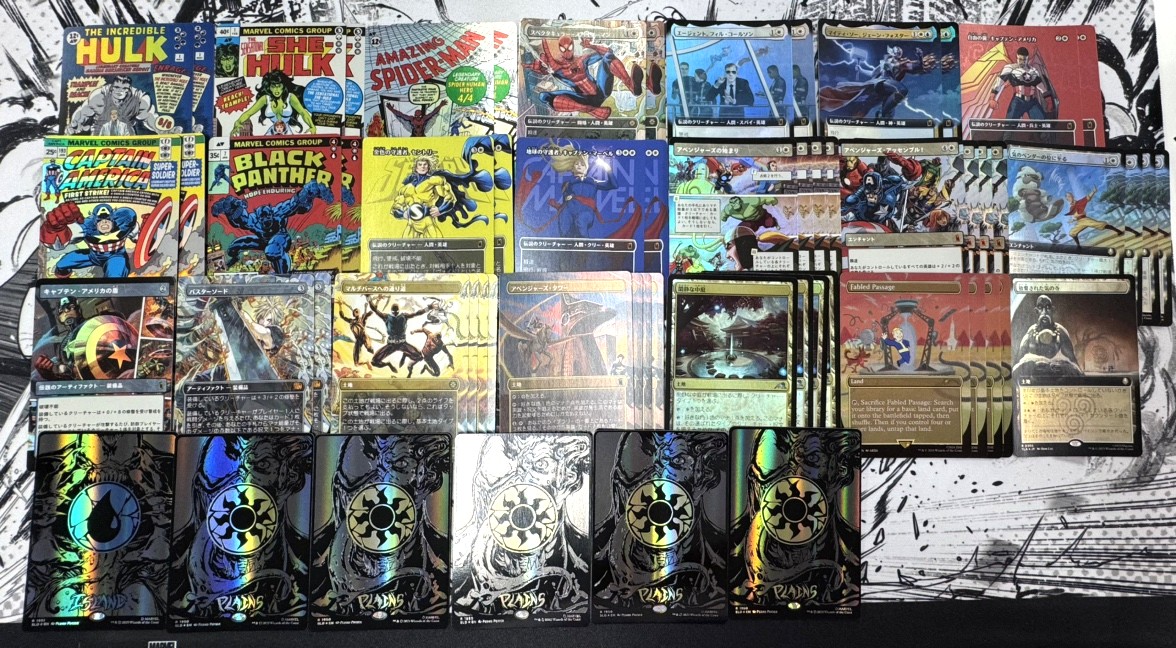 hareruyaFukuoka's tweet photo. 【大会情報】
「『マジック：ザ・ギャザリング | マーベル スーパー・ヒーローズ』カジュアルスタンダード」

🌟本日のグッドデッキ賞🌟
ギラギラと輝くヒーローデッキのお写真を撮らせていただきました✨

端々にこだわりを感じる
マーベル愛溢れるデッキです😍

明日もご参加お待ちしております👍 https://t.co/Y2CSYHALrx