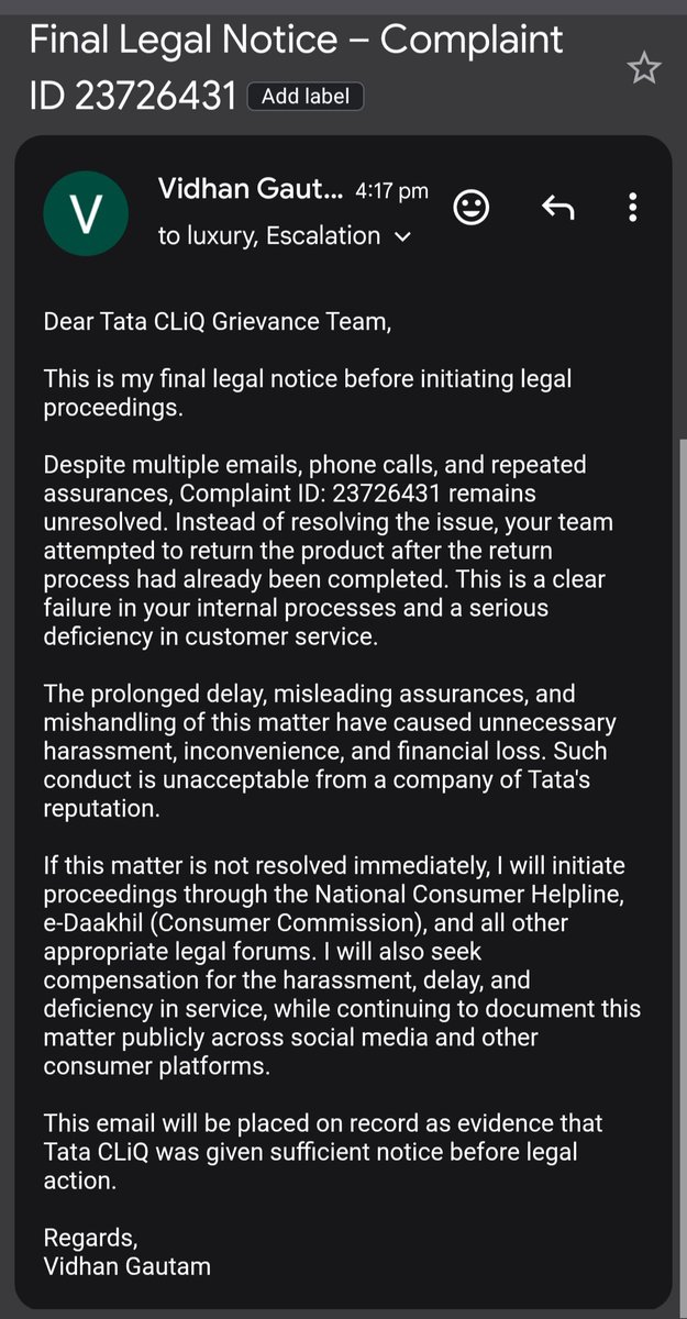VidhanGautam4's tweet photo. My patience is exhausted. It is clear that legal action is the only language you understand. I will now proceed with all available legal remedies without any further notice.
#TataCLiQ #RefundPending #ConsumerRights #customerserive https://t.co/a91mGLVYk7