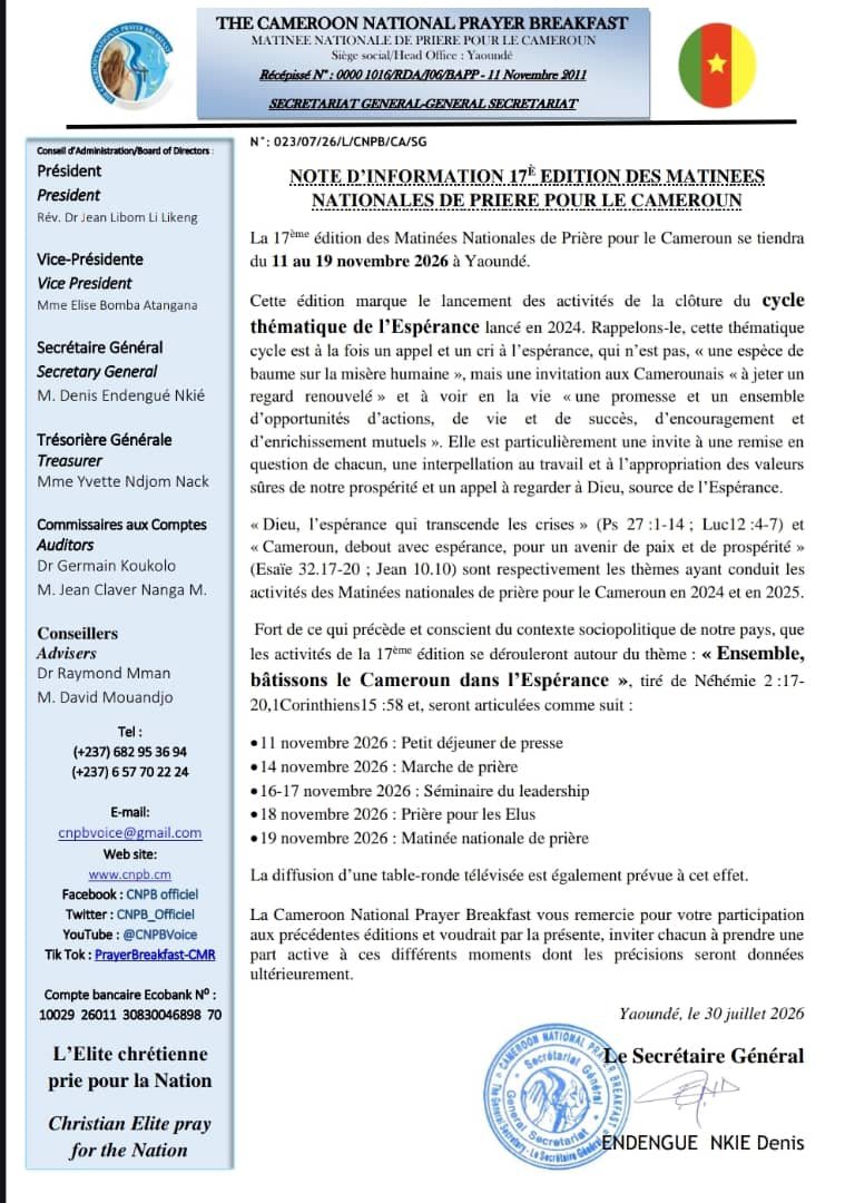 CNPB_Officiel's tweet photo. NOTE D’INFORMATION 17È EDITION DES MATINEES NATIONALES DE PRIERE POUR LE CAMEROUN

🇨🇲🇨🇲🇨🇲🇨🇲🇨🇲🇨🇲🇨🇲🇨🇲🇨🇲🇨🇲🇨🇲🇨🇲

INFORMATION NOTE 17TH EDITION OF CAMEROON NATIONAL PRAYER BREAKFASTS https://t.co/LqrRUCqVf4