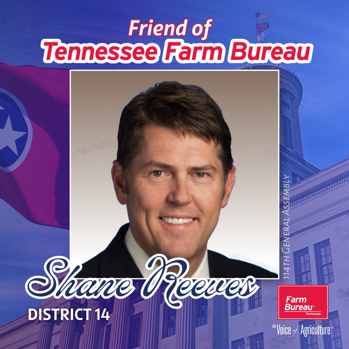 TNFarmBureau's tweet photo. Congratulations to @SenShaneReeves on being recognized as an inaugural Friend of Farm Bureau Award recipient. Thank you for helping ensure the voice of Tennessee agriculture is heard at the State Capitol.
Read more ➡️ https://t.co/S48QzvodbZ
#TNFarmBureau | #FriendofTNFB https://t.co/hpZdcnRJcC