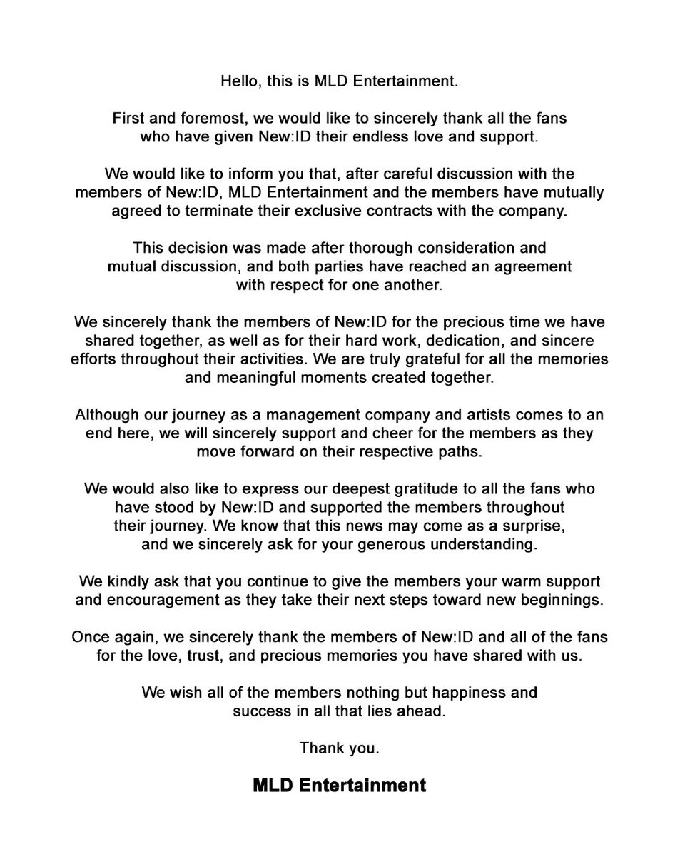 official_newID's tweet photo. [Official Statement] 

Regarding the Termination of New:ID’s Exclusive Contract 

#New_ID #뉴이드 https://t.co/mVandddEAd